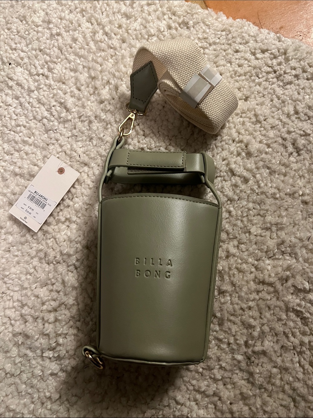 Billabong Olive Green Crossbody Bottle Bag with Cream Strap